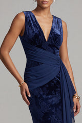 Dark Navy V-Neck Ruched Velvet Long Floral Mother of the Bride Dress with Sash
