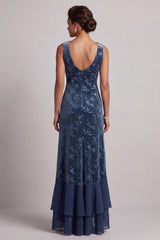 Dark Navy Velvet Sheath Long Floral Mother of the Bride Dress with Ruffles
