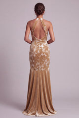 Floral Champagne Mermaid Halter Ruched Long Mother of the Bride Dress