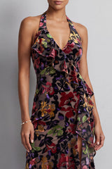 Black Floral Halter Mermaid High-Low Mother of the Bride Dress with Ruffles