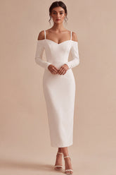 White Sheath Cold Shoulder Maxi Engagement Dress with Sleeves