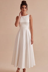Simple White Satin A Line Boat Neck Maxi Engagement Dress