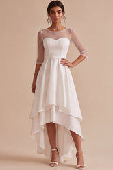 White A Line Tiered High-Low Engagement Dress with Sleeves