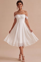 White A Line Chiffon Ruched Midi Engagement Dress with Lace