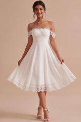 White A Line Chiffon Ruched Midi Engagement Dress with Lace