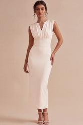 White Sheath V-Neck Ruched Maxi Engagement Dress with Slit