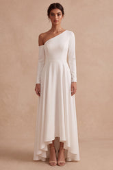 White A Line One Shoulder High-Low Engagement Dress with Sleeves