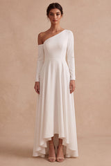White A Line One Shoulder High-Low Engagement Dress with Sleeves