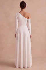 White A Line One Shoulder High-Low Engagement Dress with Sleeves