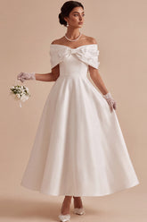 White Satin Floral Beaded A Line Maxi Engagement Dress with Bow