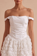 White Ruched A Line Short Corset Graduation Dress with 3D Flower