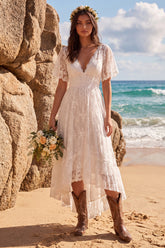 White Lace A Line High-Low Western Wedding Dress with Sleeves