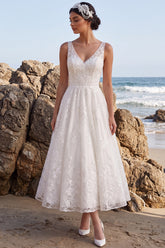 White Lace A-Line V-Neck Maxi Boho Wedding Dress