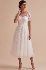 White Floral Tulle A-Line Midi Beach Wedding Dress with Sleeves