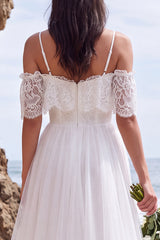 White Lace A Line Cold Shoulder High-Low Wedding Dress