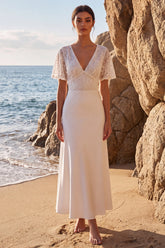 A Line V-Neck White Lace Maxi Beach Wedding Dress with Sleeves