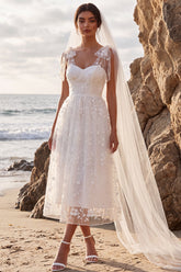 White Lace Floral A-Line Midi Boho Wedding Dress with Bows