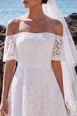 White Lace A Line Off the Shoulder Midi Boho Wedding Dress