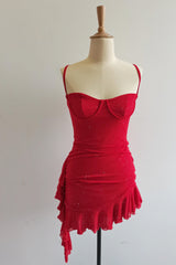 Straps Red Sparkle Fitted Dress with Ruffles