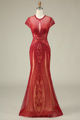 Sparkly Burgundy Mermaid Beaded Long Prom Dress with Keyhole