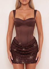 All Night Long Satin Corset Mini Dress - Brown