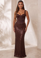 Dream Away Sequin Maxi Skirt - Brown