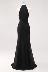 Black Mermaid Halter Neck Ruffled Long Formal Dress with Slit