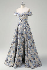 Blue Flower Jacquard Off The Shoulder Long Prom Dress