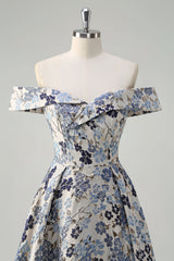 Blue Flower Jacquard Off The Shoulder Long Prom Dress