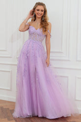 Purple Off the Shoulder Long Prom Dress with Appliques