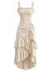 Beige 1980s Solid Ruffled Hem Suspender Dress