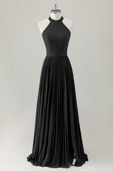 Dark Green A-Line Halter Long Bridesmaid Dress with Slit