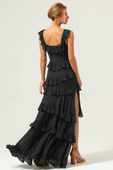Burgundy A-Line Ruffleed Chiffon Long Bridesmaid Dress with Slit