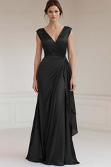 Grey Blue V-Neck Sheath Long Ruched Formal Dress with Ruffles