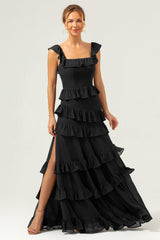 Burgundy A-Line Ruffleed Chiffon Long Bridesmaid Dress with Slit