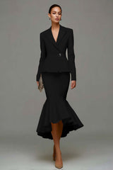 Ivory Satin Notched Lapel 2 Piece Midi Business Suits with Ruffles