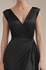 Grey Blue V-Neck Sheath Long Ruched Formal Dress with Ruffles