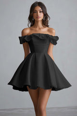 A Line White Satin Off the Shoulder Mini Graduation Dress with Ruffles