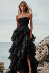 Fuchsia Tulle Tiered A Line Long Formal Dress with Ruffles