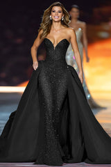 Sparkly Dark Red Strapless Sequin Long Pageant Dress with Cape