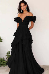 Lilac Chiffon A Line Long Off the Shoulder Prom Dress with Ruffles