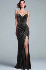 Burgundy Velvet Mermaid Ruched Long Holiday Party Dress with Slit