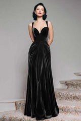 Burgundy Velvet Mermaid Thick Straps Ruched Long Holiday Party Dress