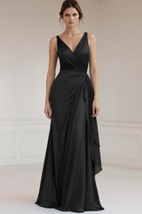 Grey Blue Sheath V-Neck Long Satin Ruched Formal Dress