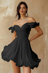 Chiffon Pleated A Line Mini Little White Dress with Ruffles
