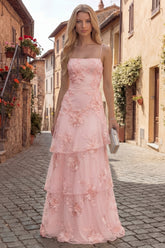 Blush Tiered Ruffled Spaghetti Straps Floral Long A Line Prom Dress