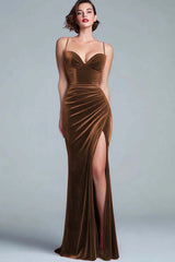 Burgundy Velvet Mermaid Ruched Long Holiday Party Dress with Slit