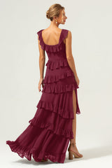 Burgundy A-Line Ruffleed Chiffon Long Bridesmaid Dress with Slit