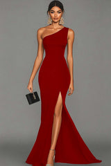 Mermaid Dark Green Satin One Shoulder Long Formal Dress with Slit