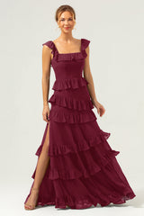 Burgundy A-Line Ruffleed Chiffon Long Bridesmaid Dress with Slit